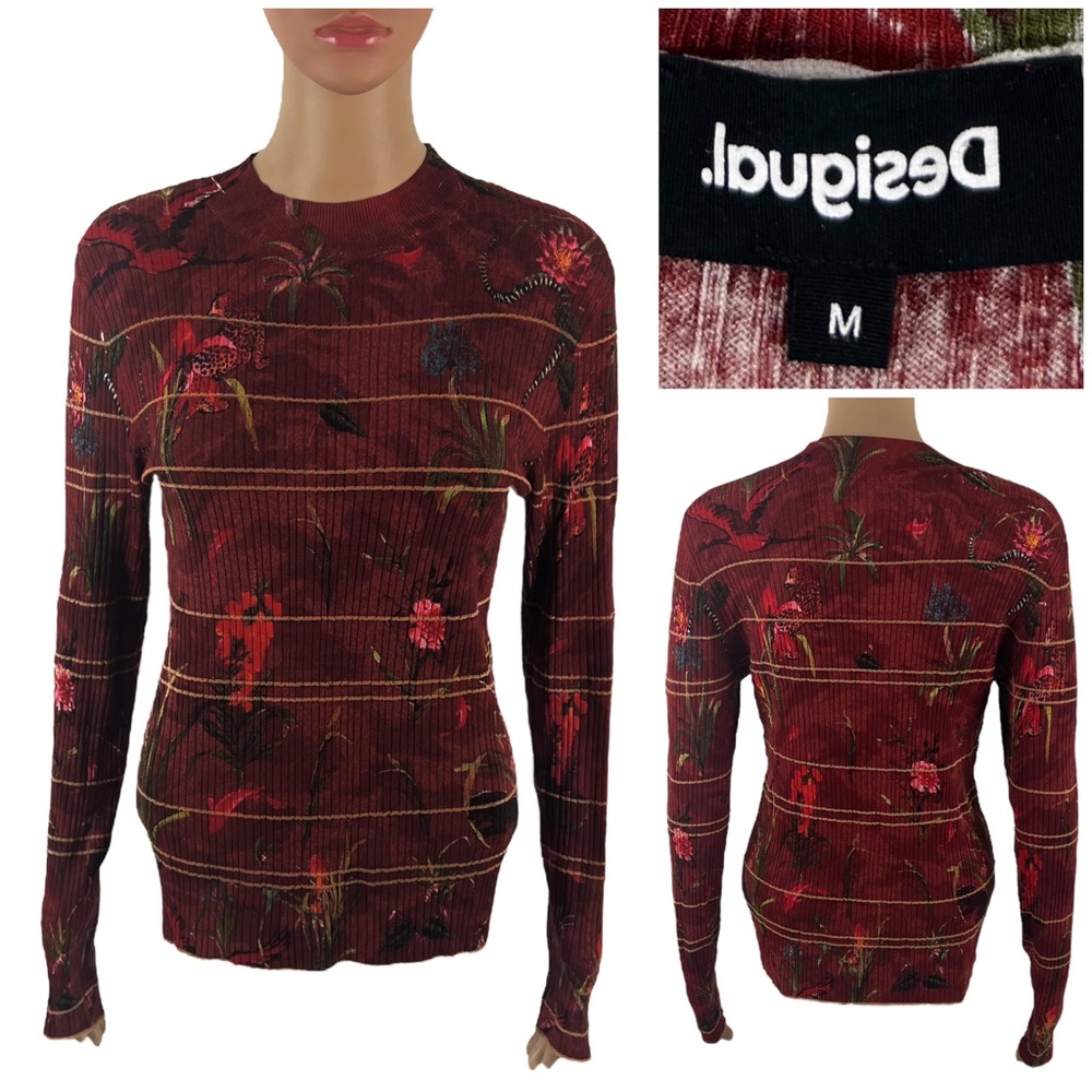 Desigual Womens Medium Sweater Knitwear CrewNeck Leopard Floral Striped EUC